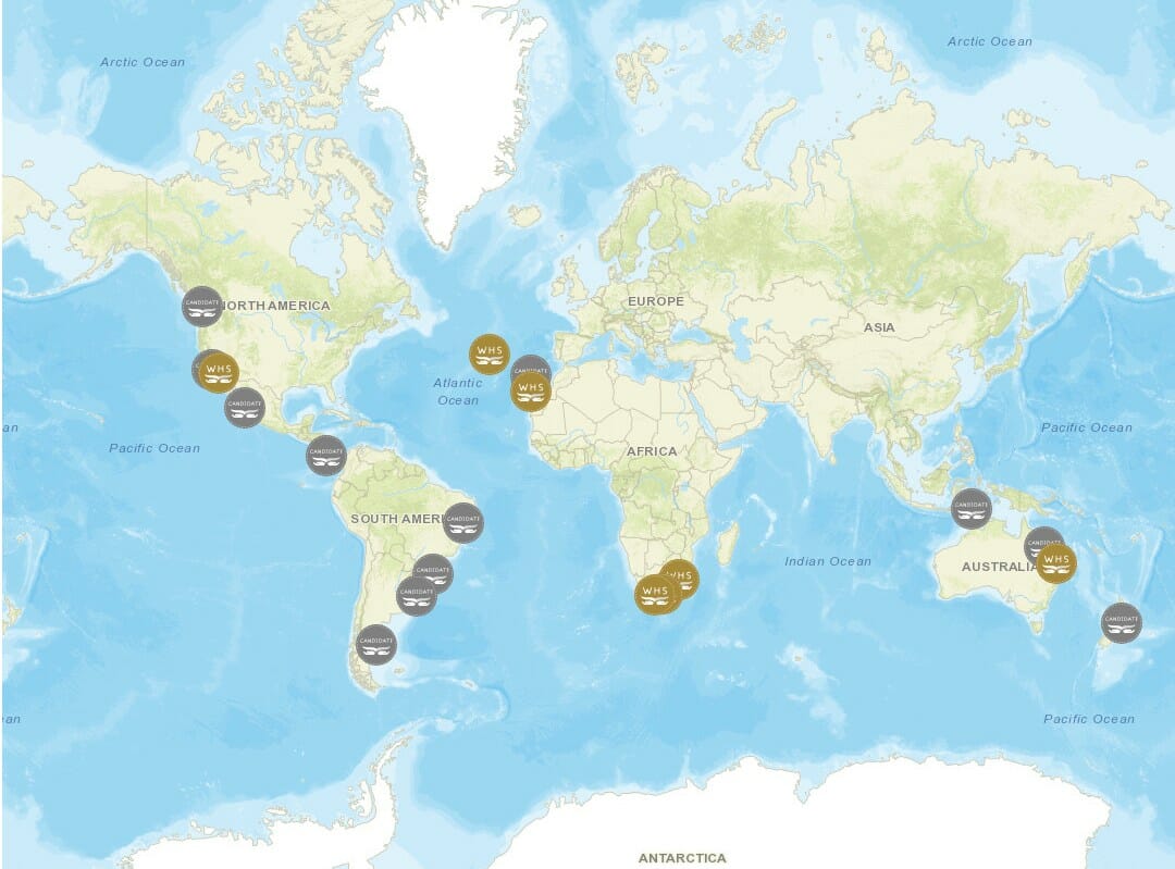 <a href="https://whaleheritagesites.org/map/" target="_blank" rel="noopener"><h4>Certified Whale Heritage Areas shown in Gold<br>Candidate Areas shown in Gray</h4></a>