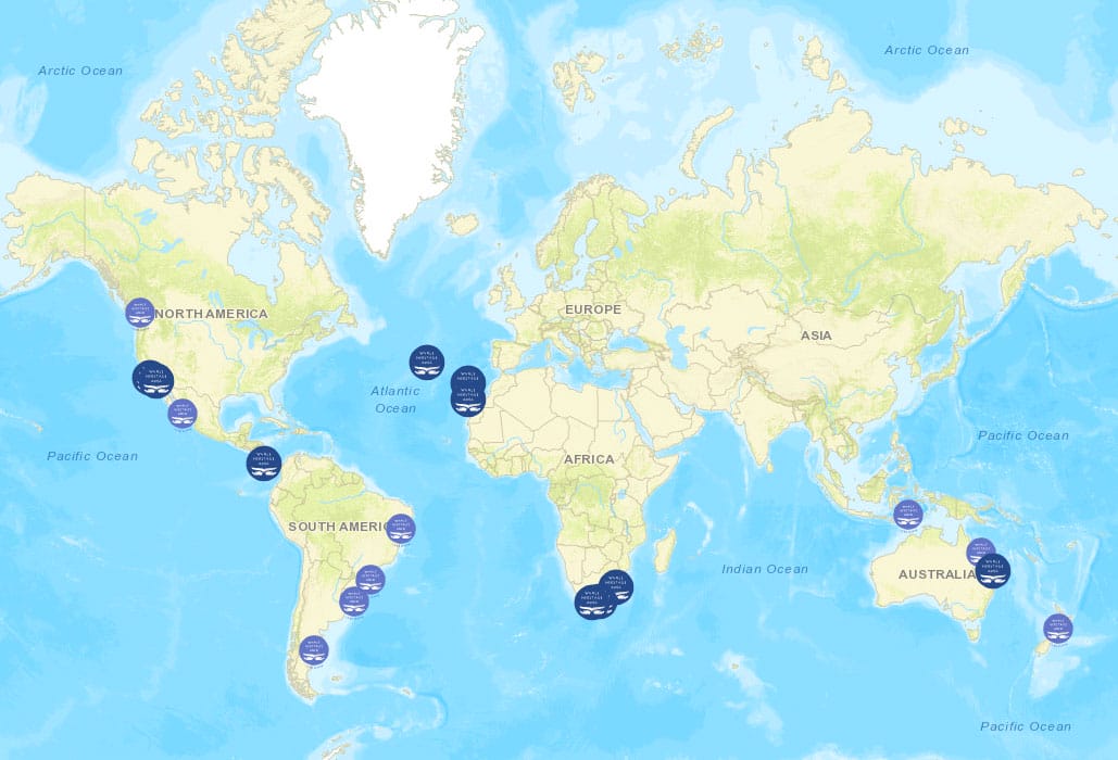 Whale Heritage Sites are shown in dark blue. Candidate sites shown in purple.